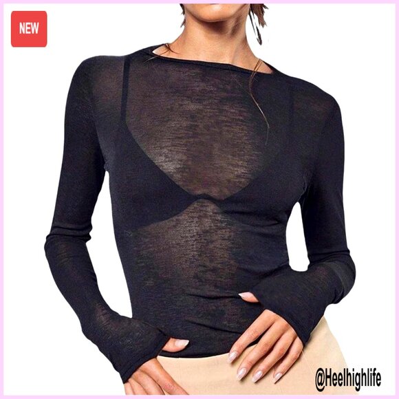 Tops - Sheer Mesh Long Sleeve Crewneck Top, See Through Party Club Outfit